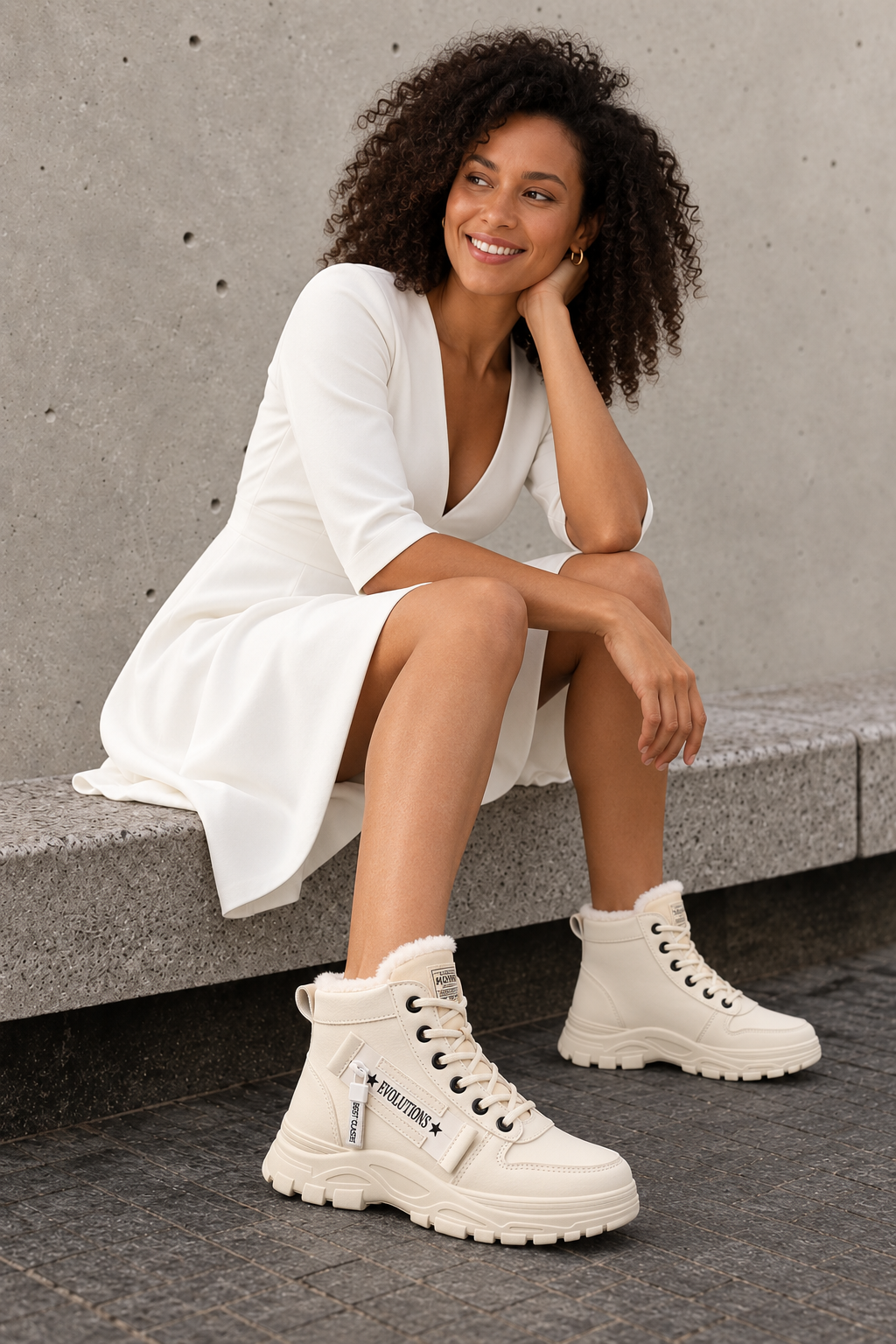 Beige plush lined platform ankle boots women