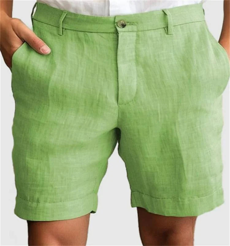 Men's light green linen summer shorts with relaxed fit and side pockets