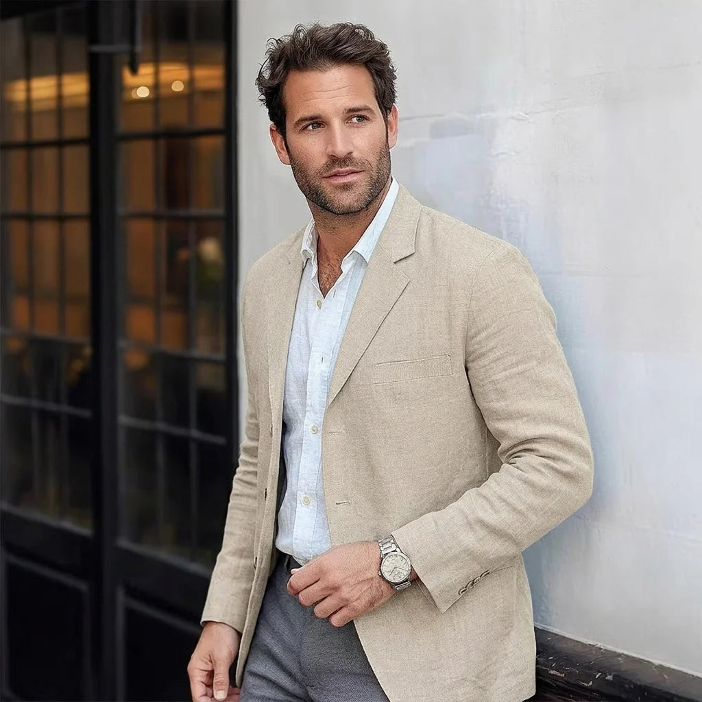 Men's cream linen-blend blazer with notched lapel and button front