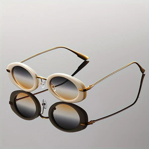 Women's beige oval sunglasses with dark lenses