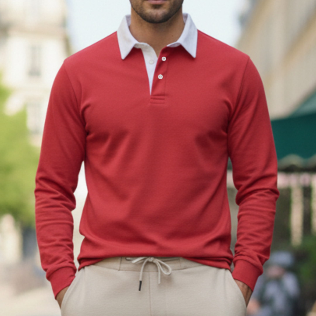 Herr pikétröja med ribbad krage och manschetter