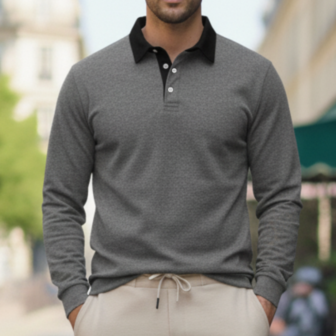 Men's long-sleeve polo shirt side or back view showing ribbed cuff and hem finish