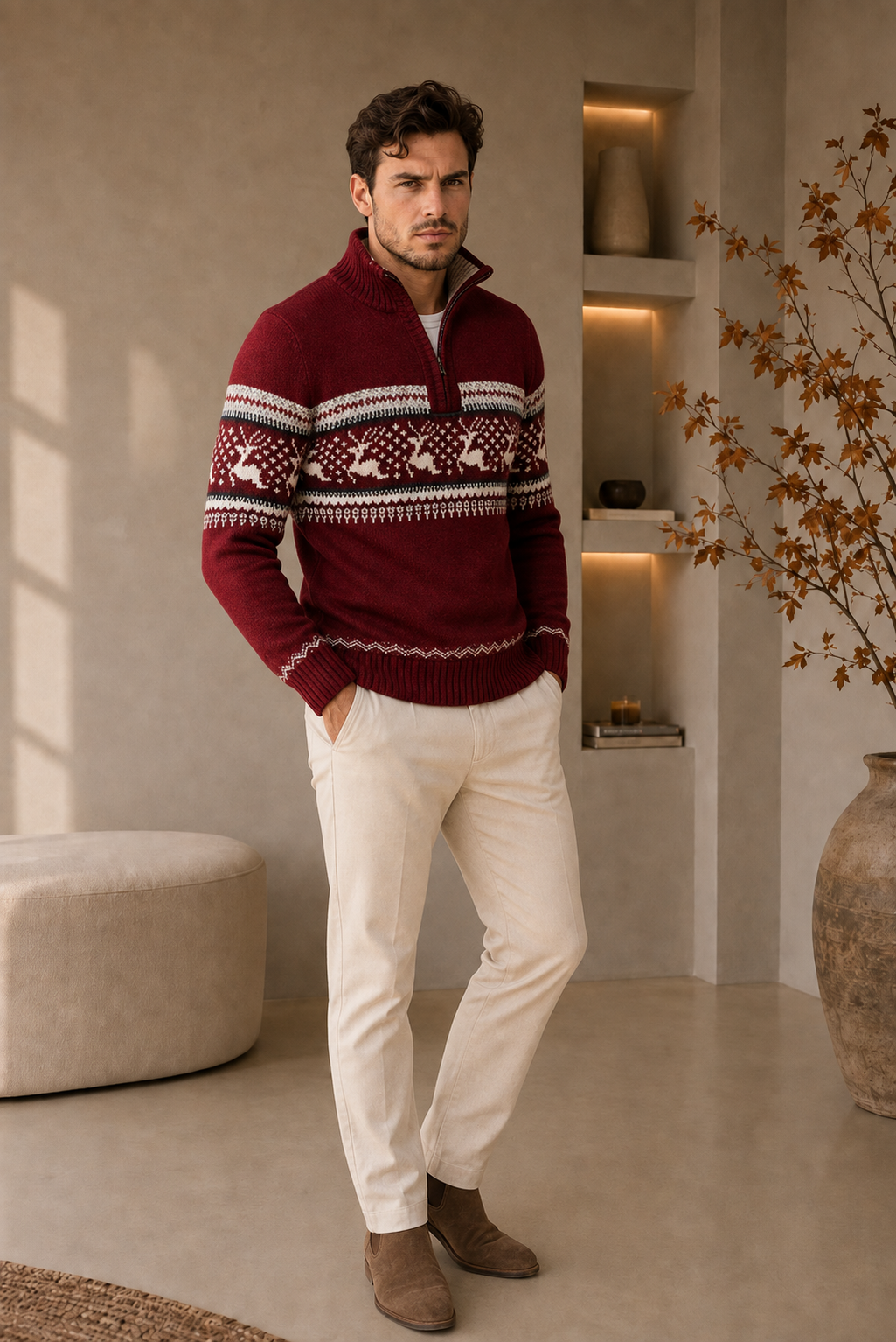 Men's half-zip knit sweater in red with Nordic pattern