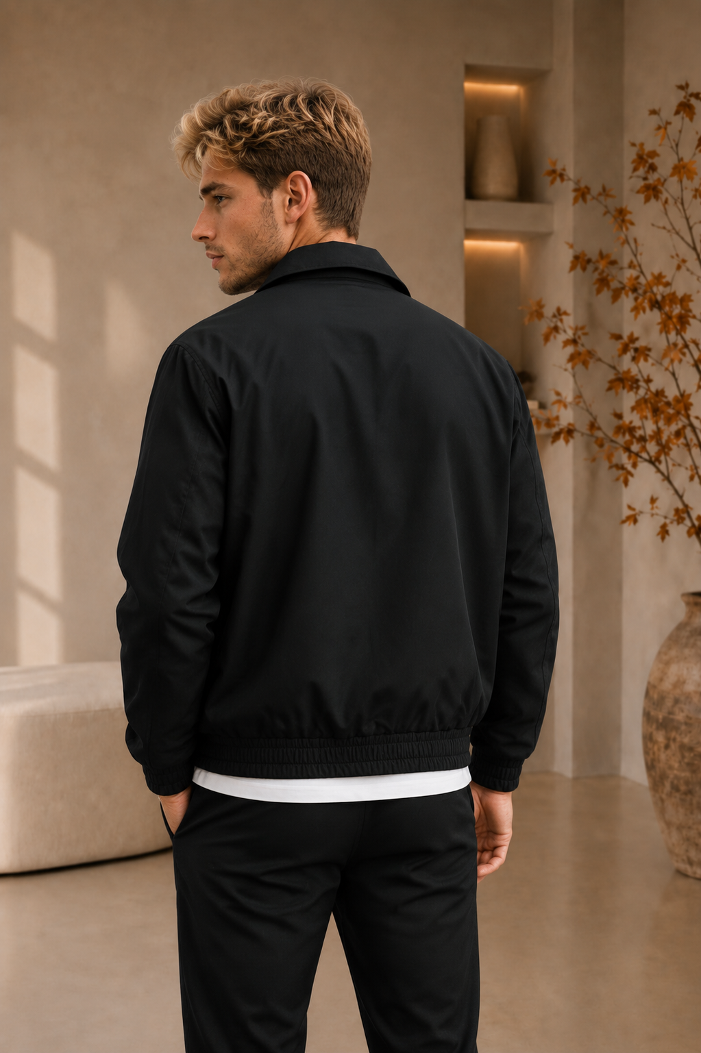 Men's black jacket and pants matching set back view