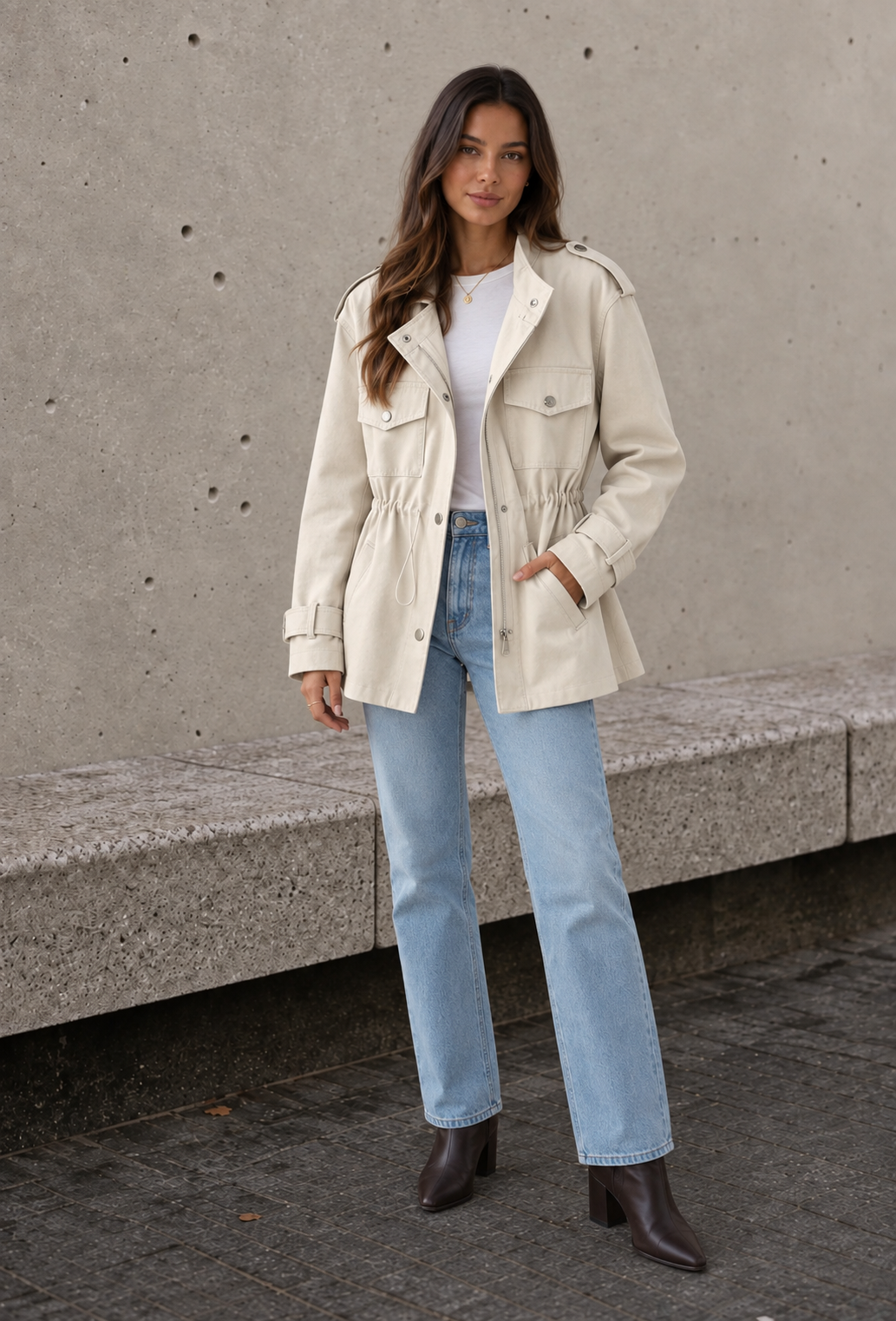 Cream women's tailored overcoat with belt