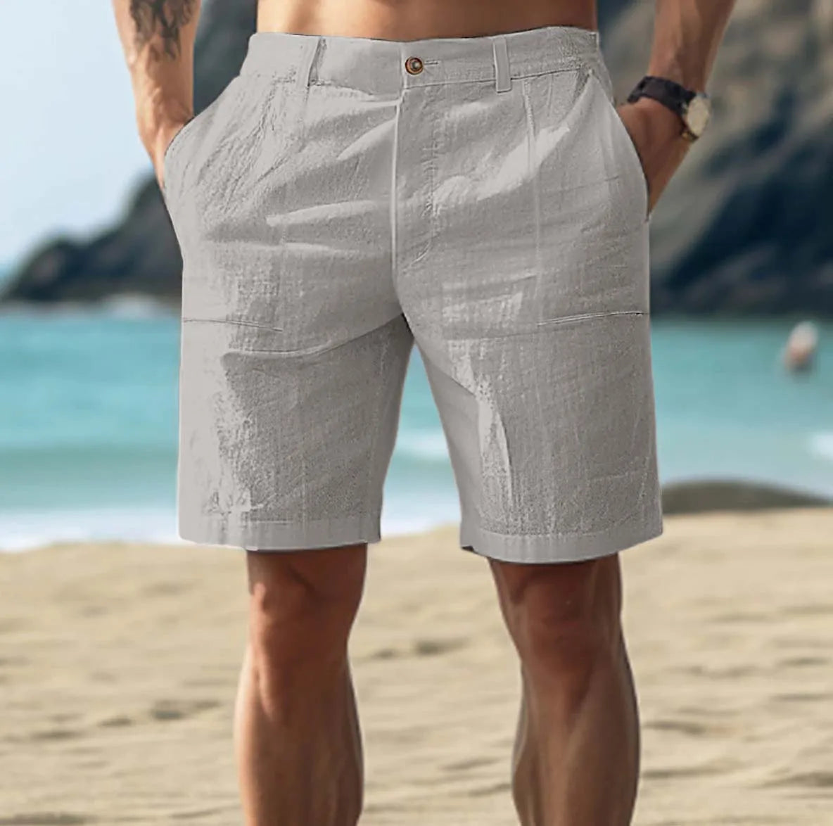 Men's gray summer chino shorts with relaxed fit and side pockets