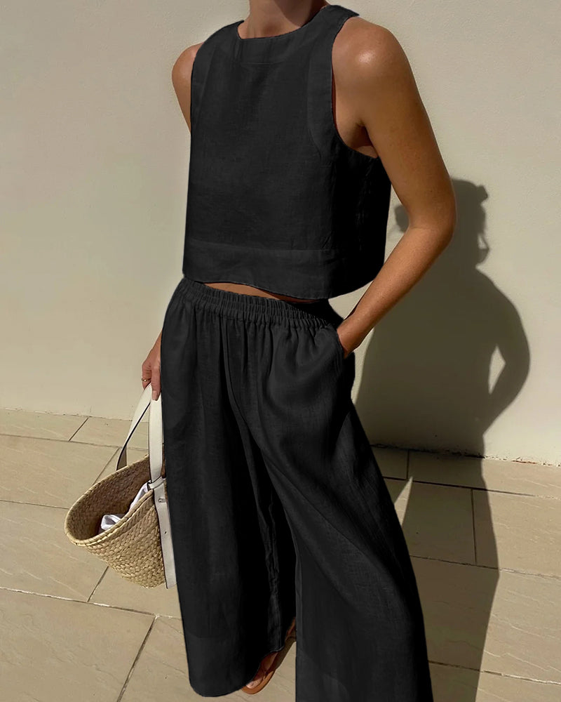 Sleeveless crop top and wide-leg high-waist trousers linen-blend set for women