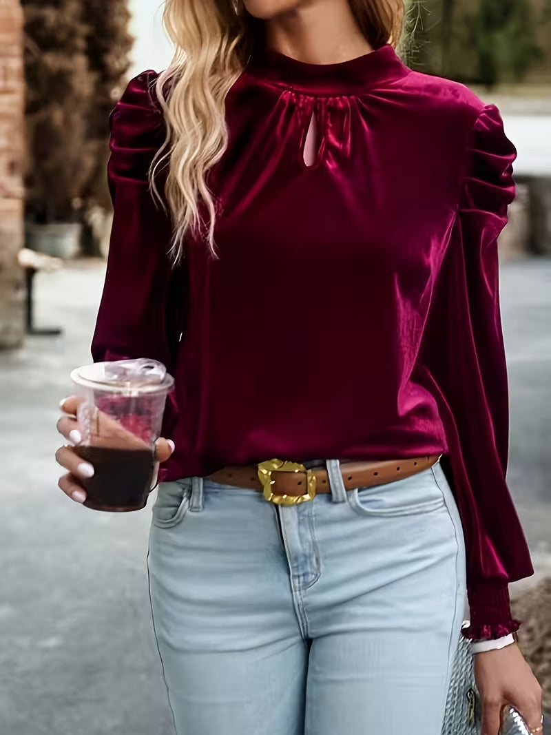 Women's polyester blend velvet blouse with structured high neckline