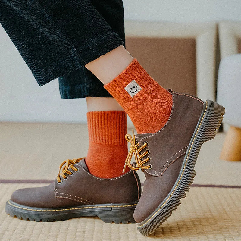 Ribbed cotton-blend socks with smiley face design, ankle length for daily use