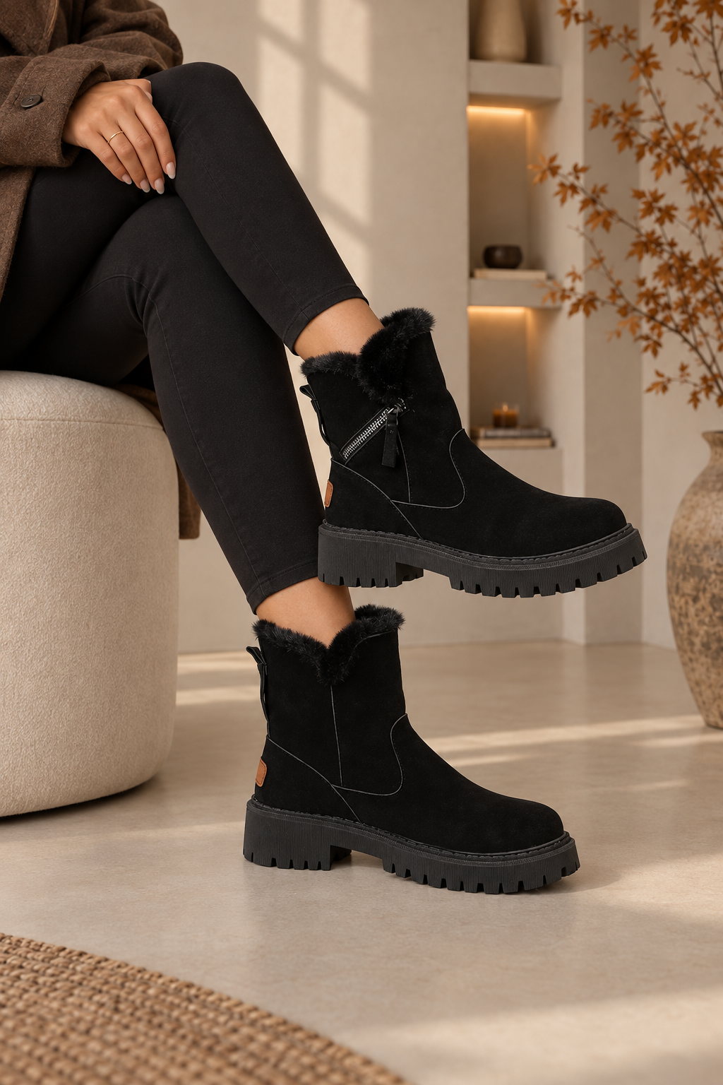 Black women's ankle boots with chunky non-slip sole