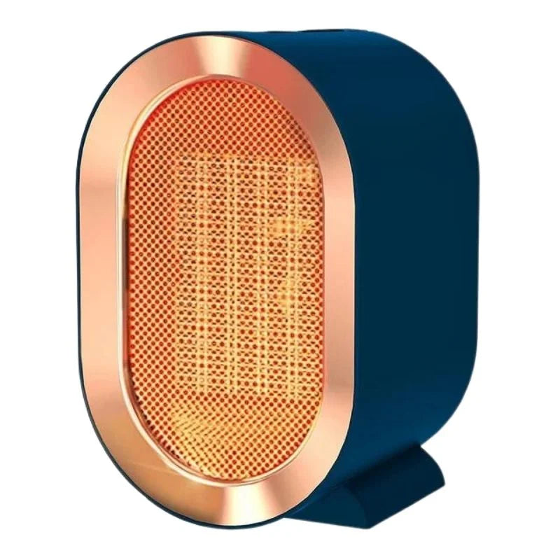 Portable mini ceramic heater placed on a desk in a home office setting