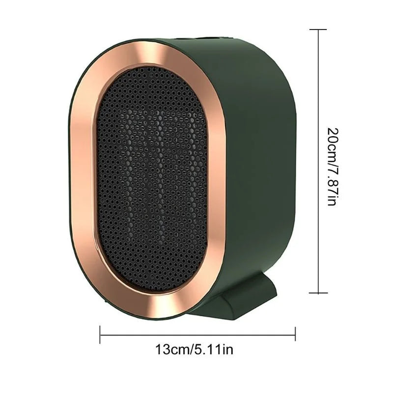 Portable mini ceramic heater displayed from multiple angles showing full product form