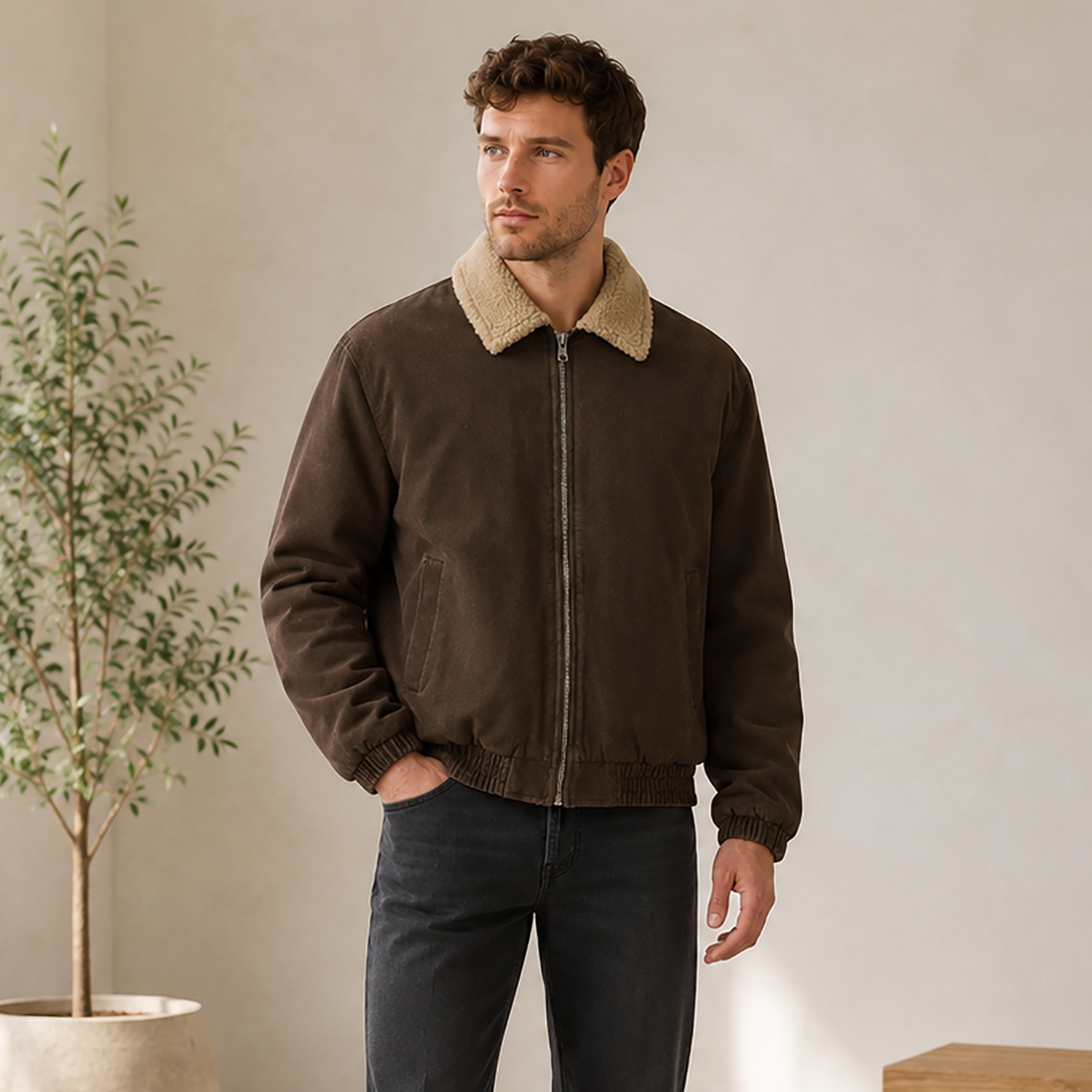 Men's sherpa collar zip-up jacket with regular fit and soft fleece lining