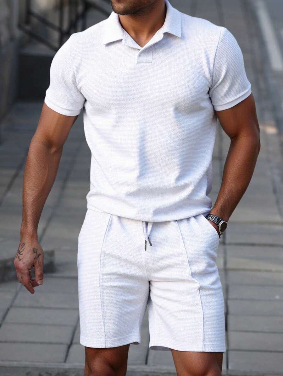 Men's matching polo shirt and shorts set with all-over textured surface and relaxed silhouette