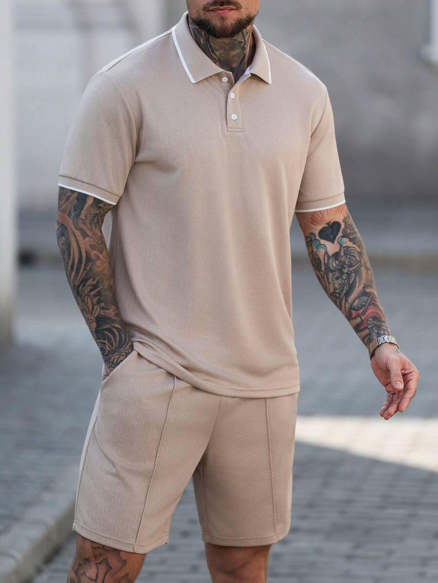 Men's textured polo and shorts set in khaki with elasticated waist shorts and short-sleeved polo top