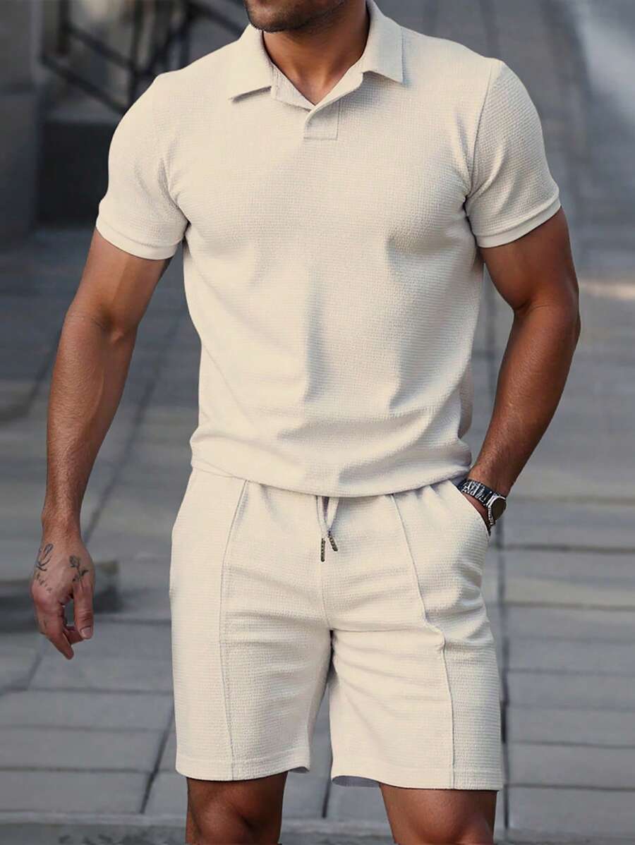 Men's textured polo shirt and shorts set in beige with open collar and coordinating elasticated shorts