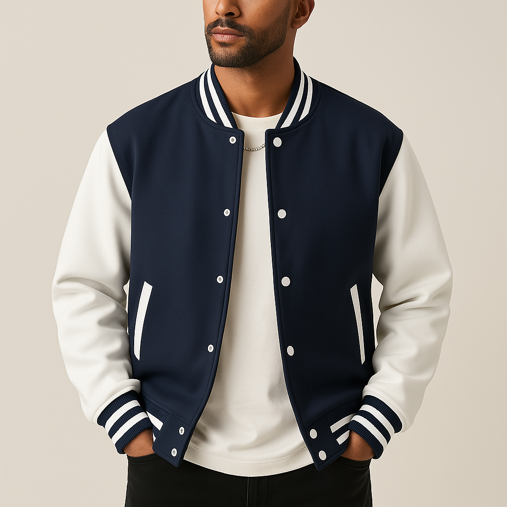 Men's varsity jacket featuring snap button closure and ribbed cuffs in navy blue