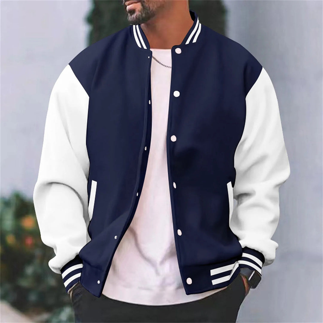 Men's snap button varsity jacket with ribbed hem and panel construction