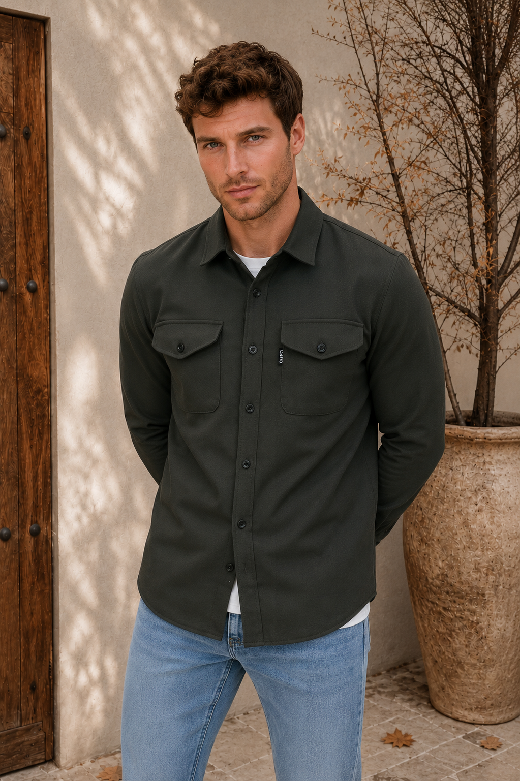 Men's dark green classic overshirt jacket