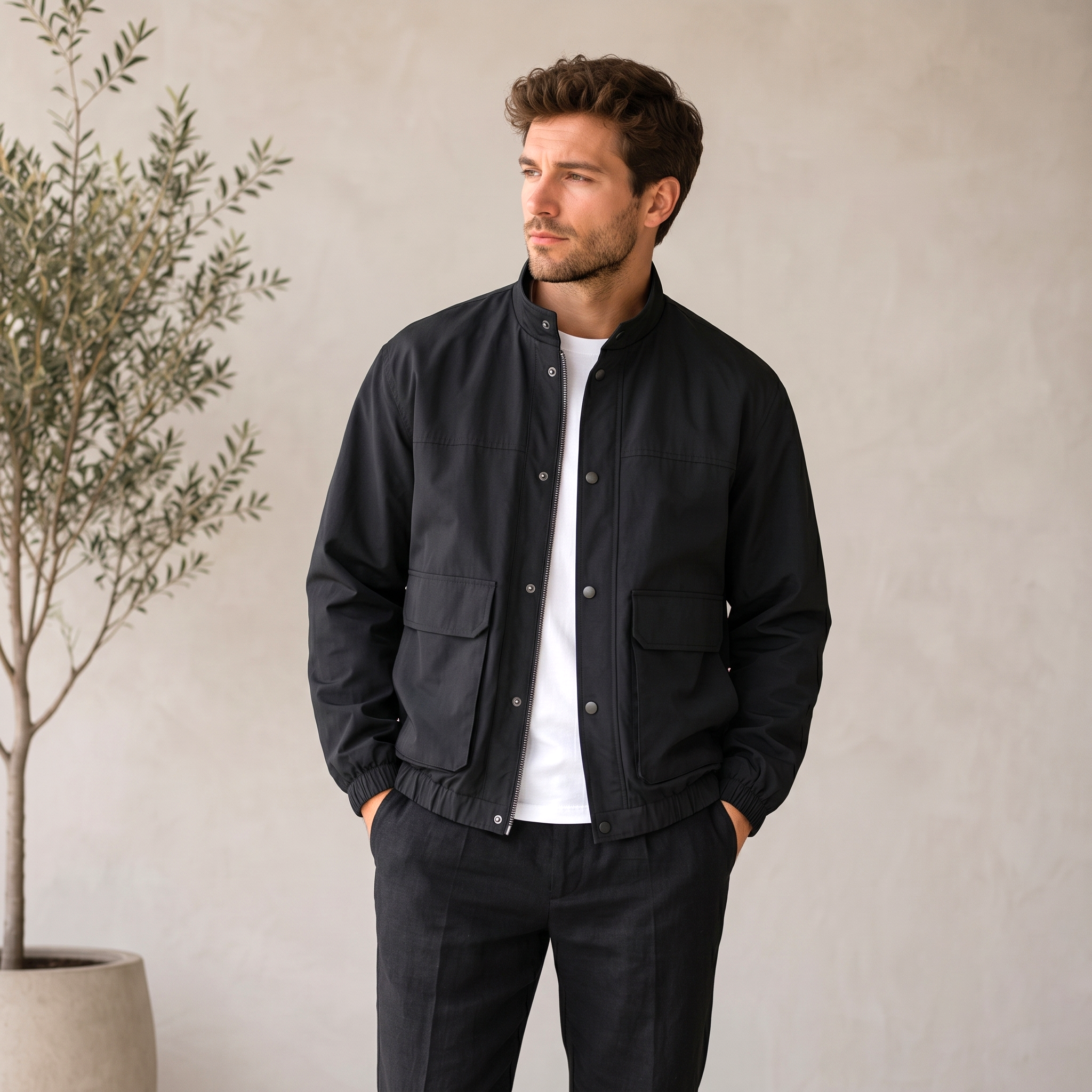 Men's minimalist jacket with snap buttons, stand-up collar, and front pockets