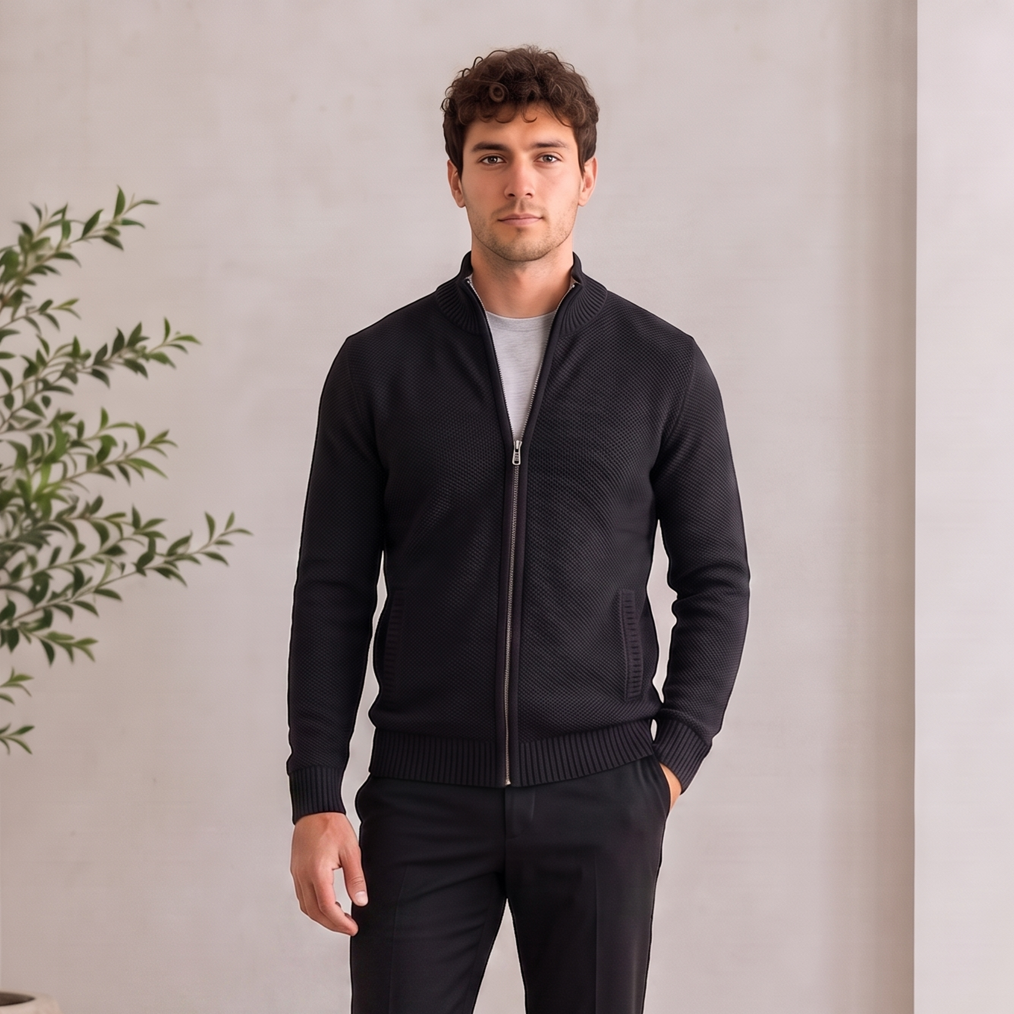 Textured Knit Jacket Zip Front Men