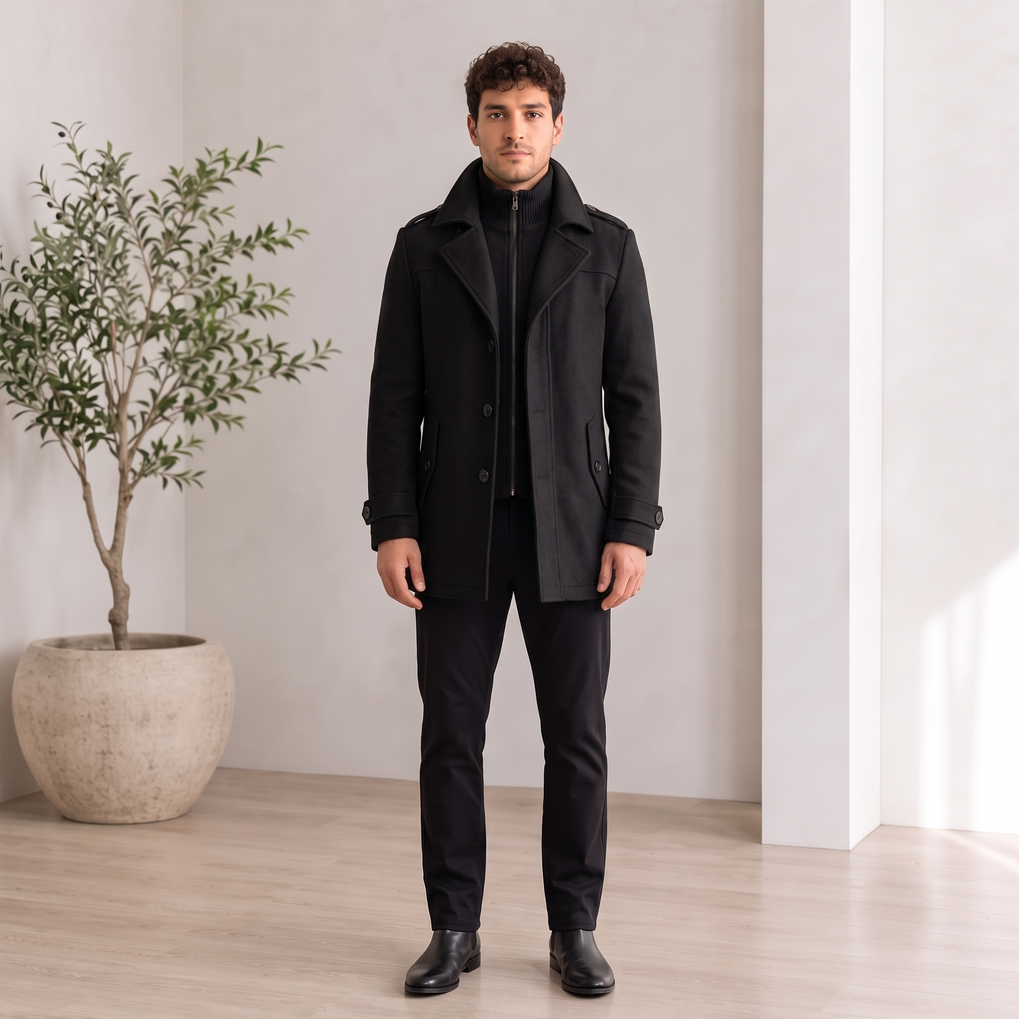 Men's wool blend outerwear coat with side pockets and chest zipper pocket