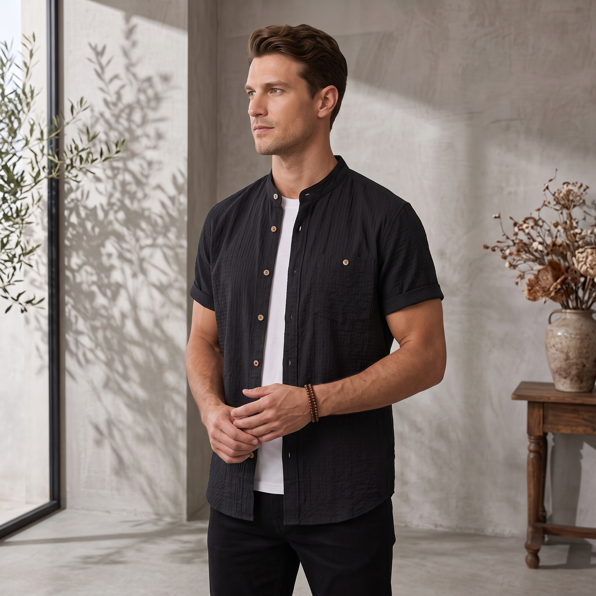 Men's short-sleeve button-up shirt with chest pocket and relaxed silhouette