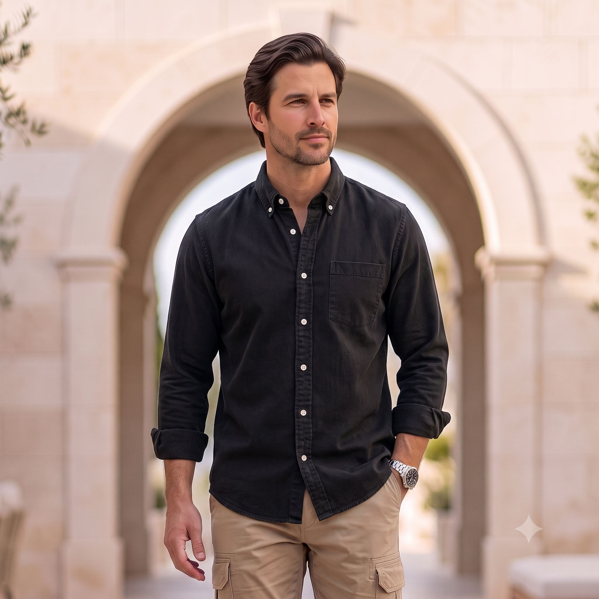 Men's straight-silhouette denim shirt with front buttons, chest pocket, and hip-length hem