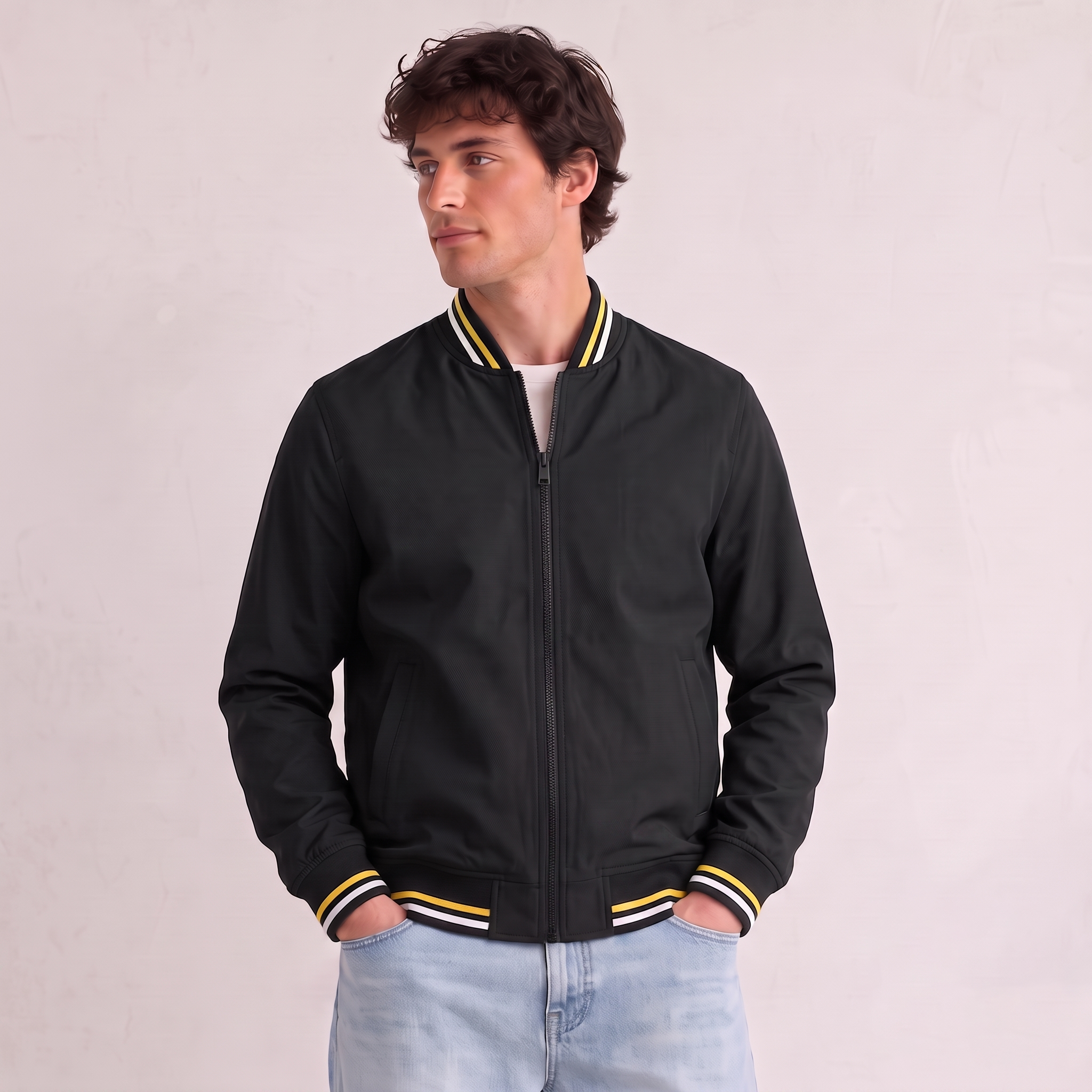 Men's zip-up bomber jacket with striped ribbed hem, cuffs, and sporty minimalist design