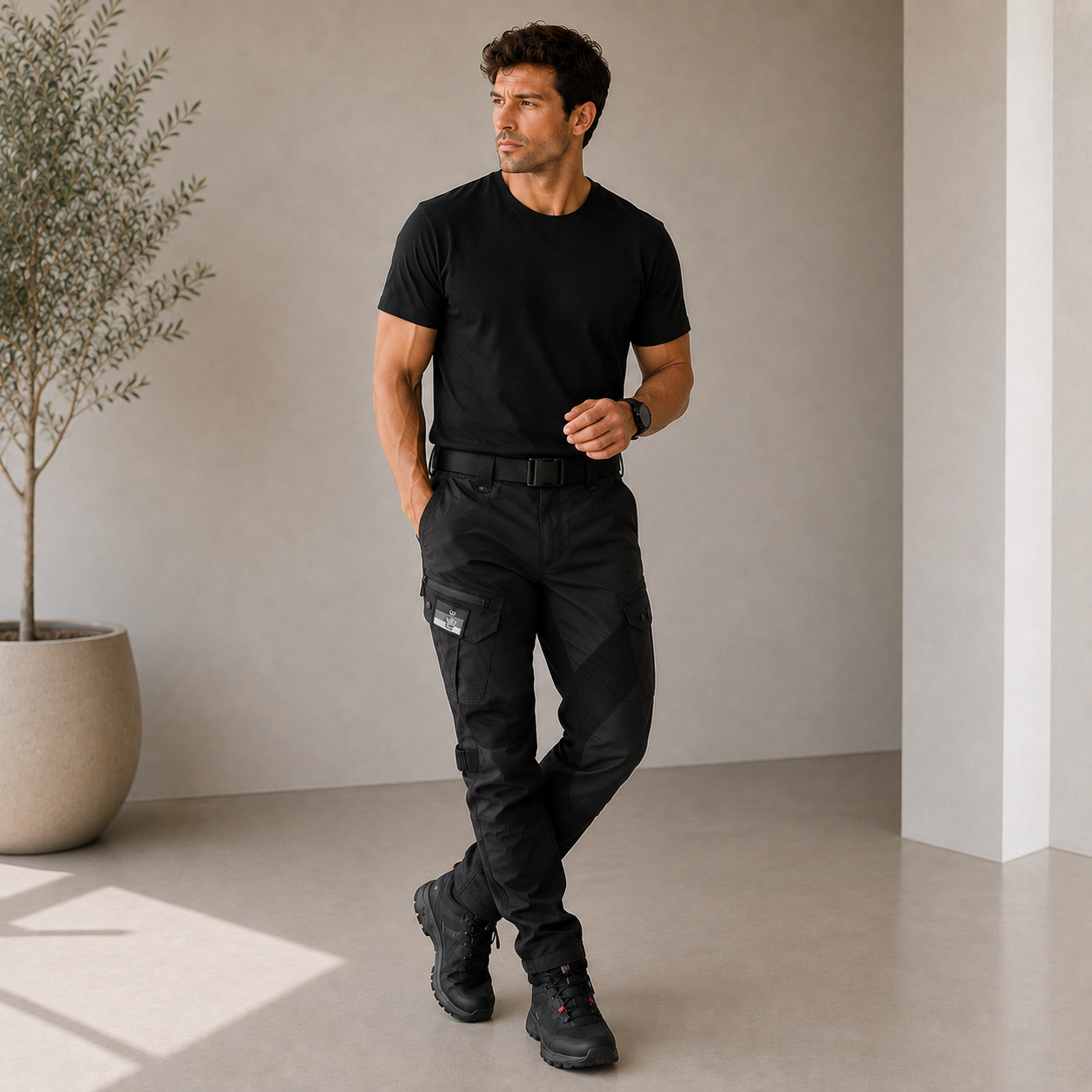 Men's reinforced cargo trousers with integrated belt and zippered cargo pockets