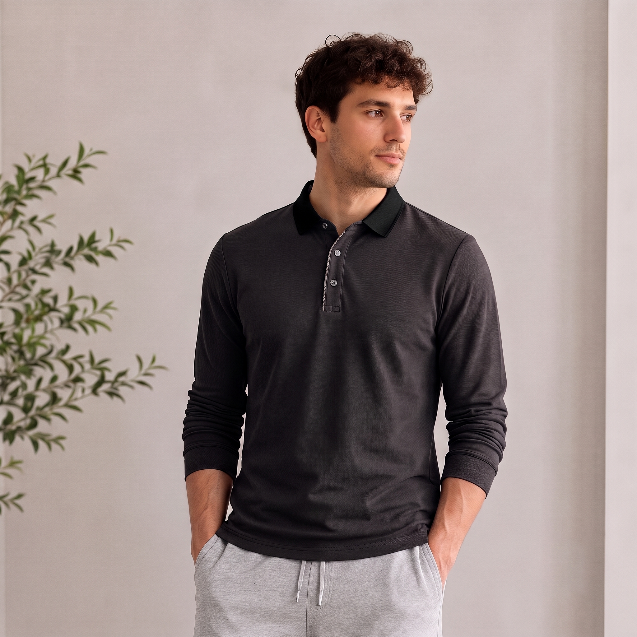 Men's smart casual polo shirt with long sleeves and minimalist design