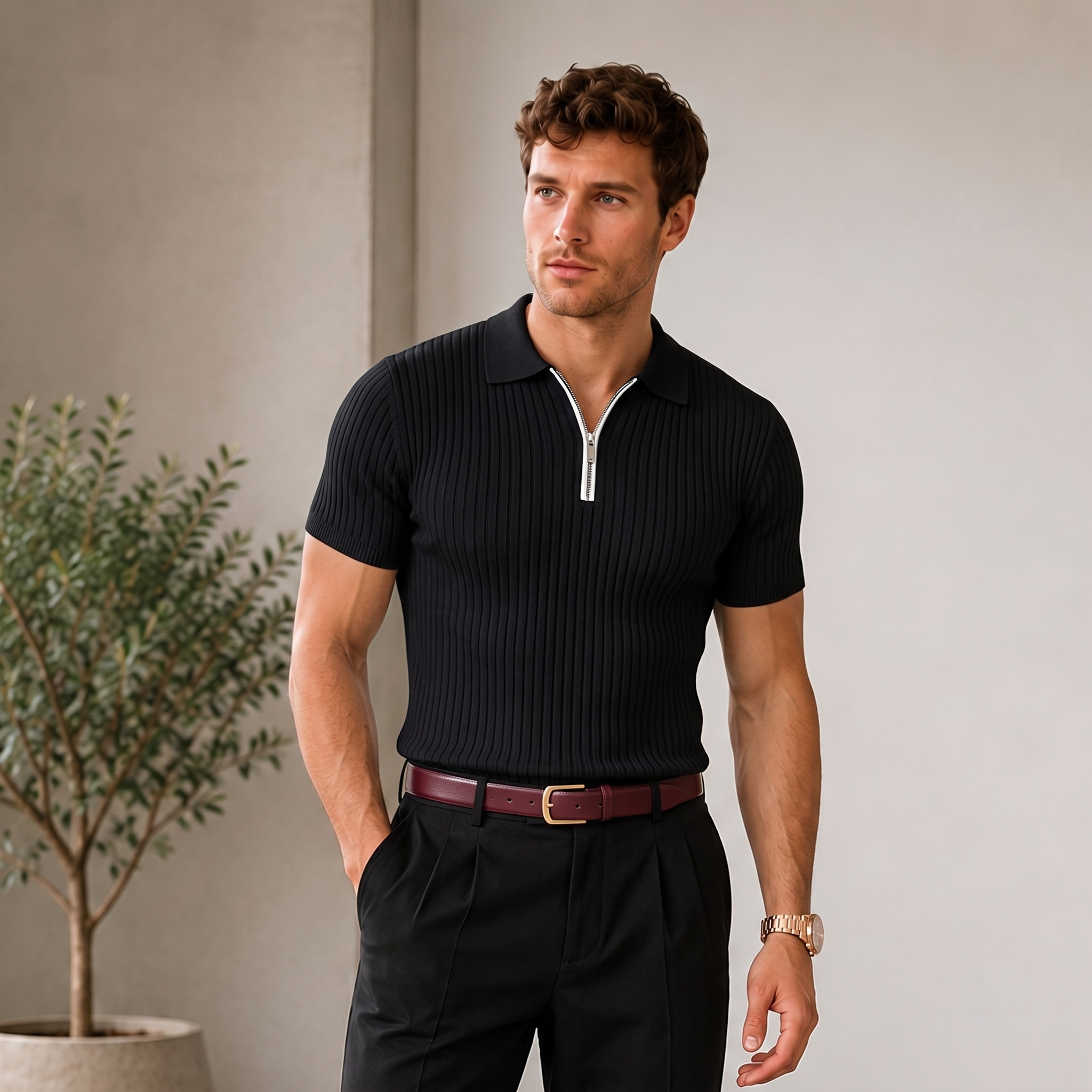 Men's ribbed zip-up polo shirt with slim fit, short sleeves, and rib-knit fabric