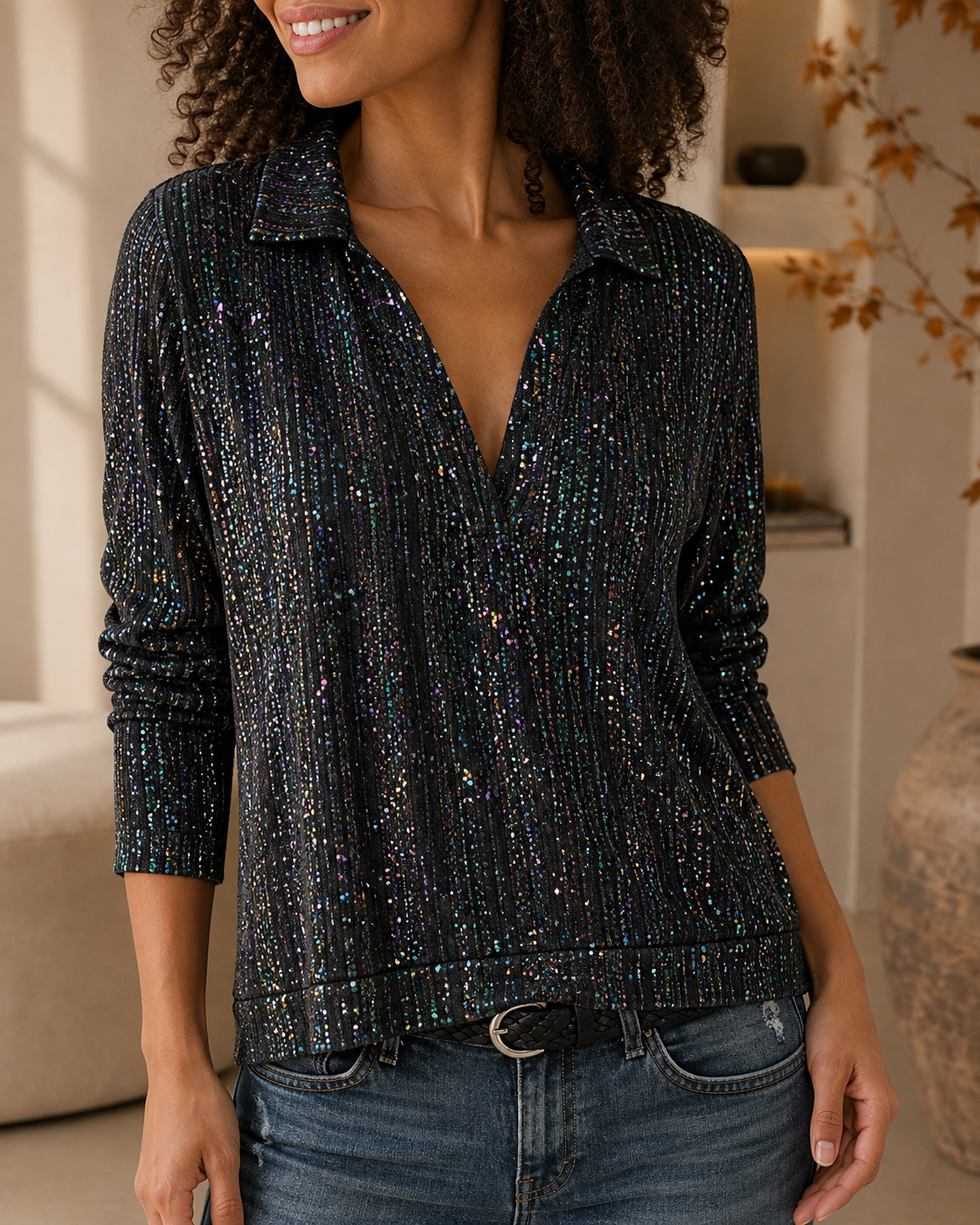 Black sequin V-neck blouse women front view