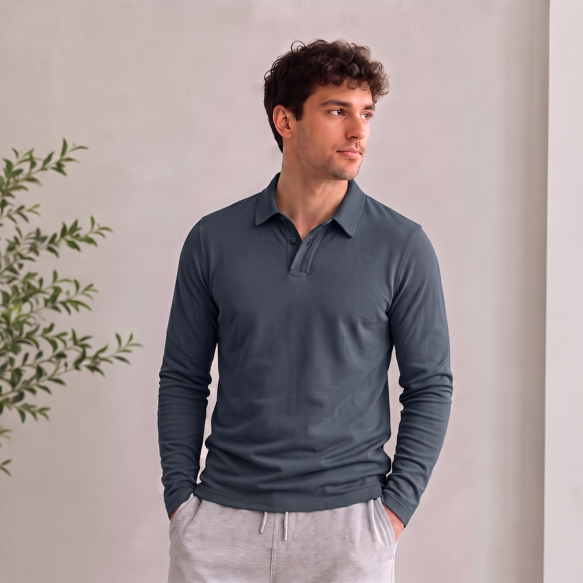 Men's long-sleeved turtleneck pullover, front view showing collar detail