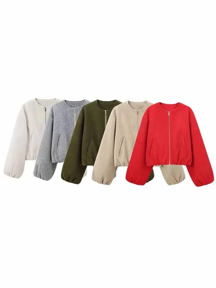 Women's short zip-up jacket with dropped shoulders and structured shape