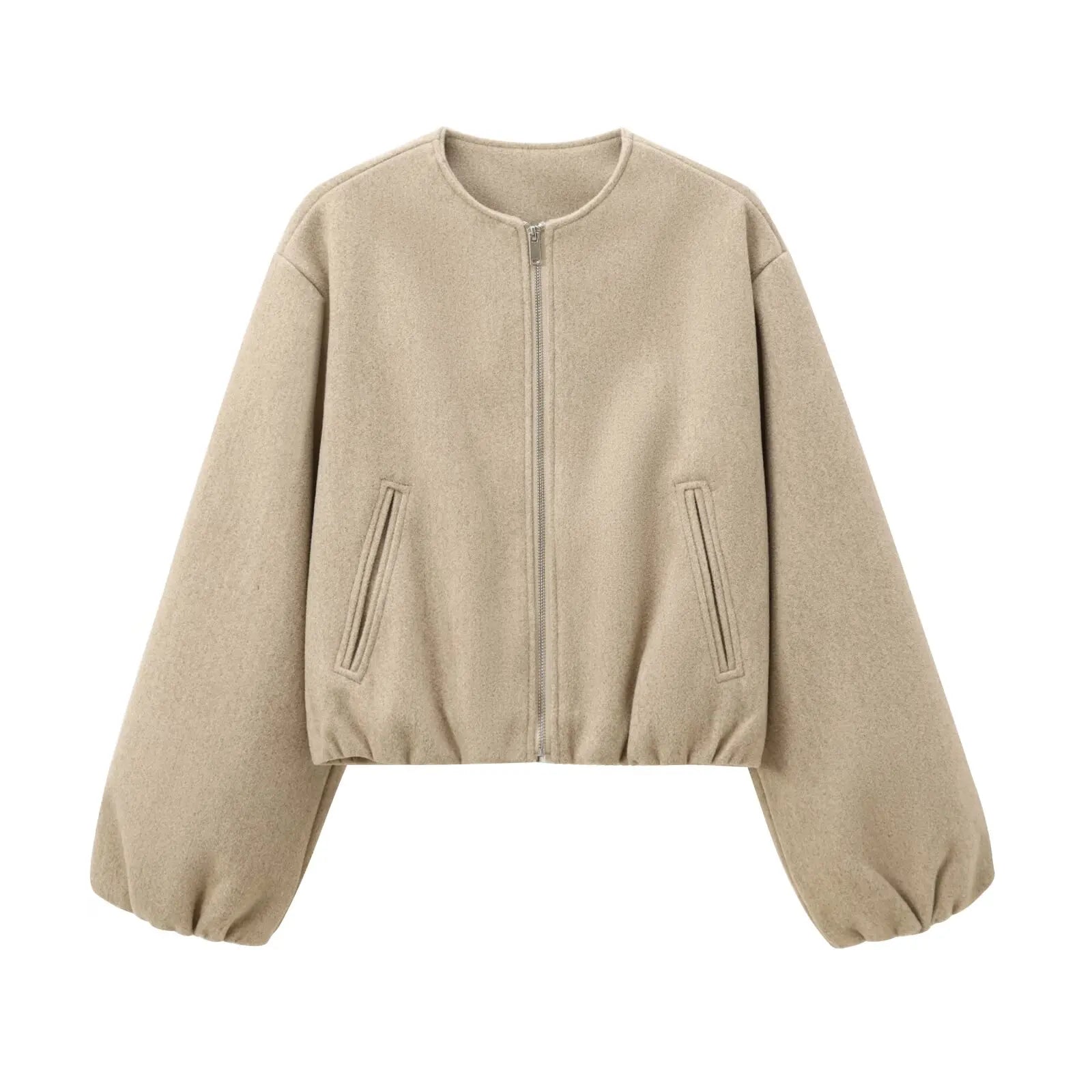 Women's short zip-up jacket in khaki with relaxed fit and elastic hem