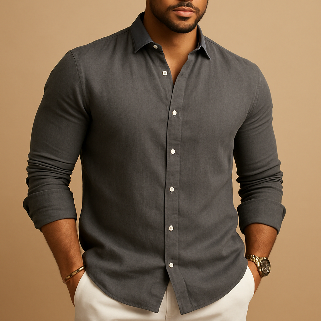 Men's slim fit shirt, three-quarter view showing button placket and collar