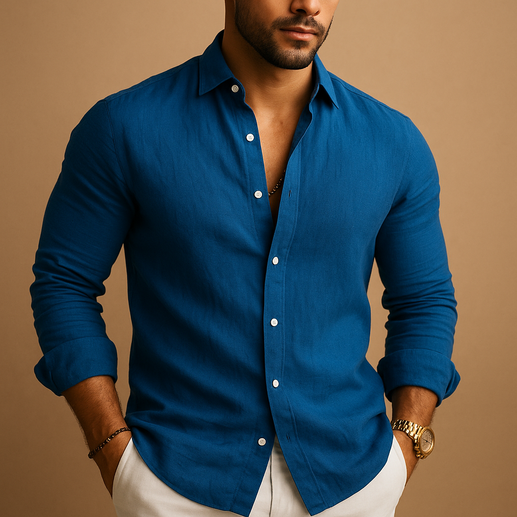 Close-up of men's slim fit shirt collar and button closure detail