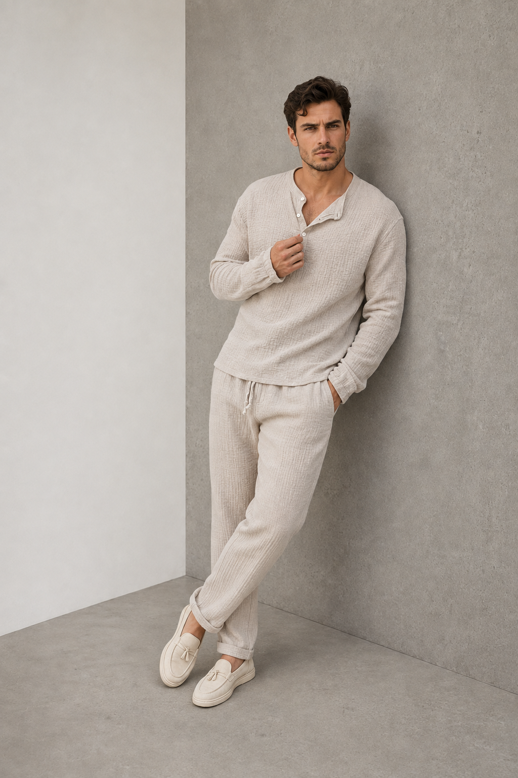 Men's beige two-piece textured lounge set with long-sleeved Henley shirt and trousers