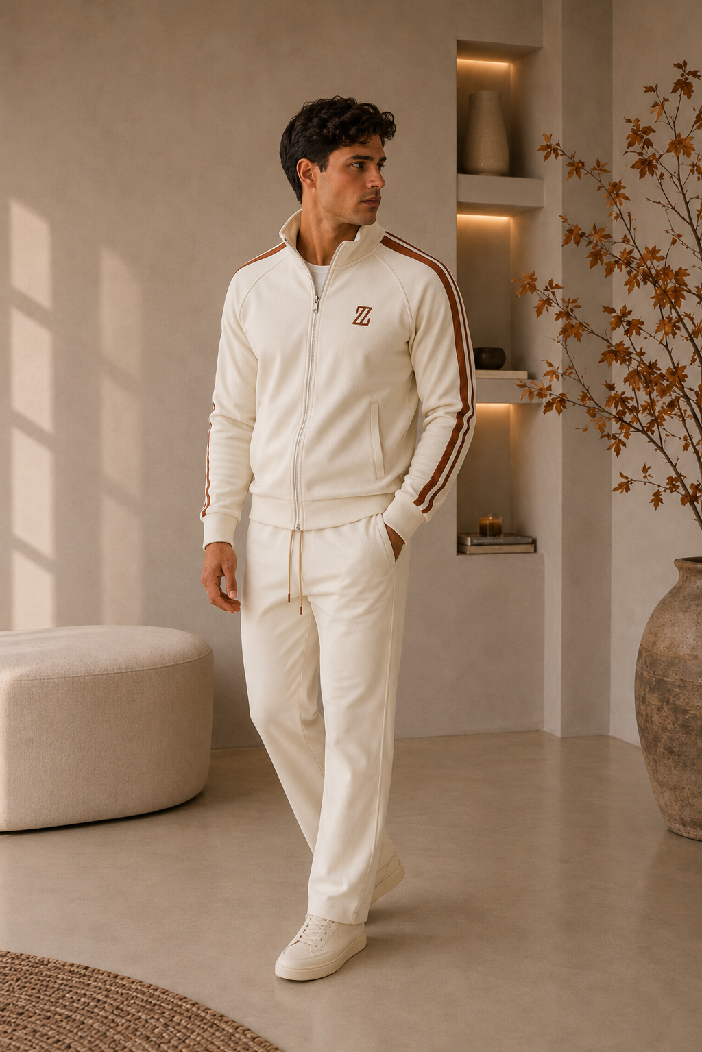 Men's heritage cream knitted tracksuit with striped sleeves