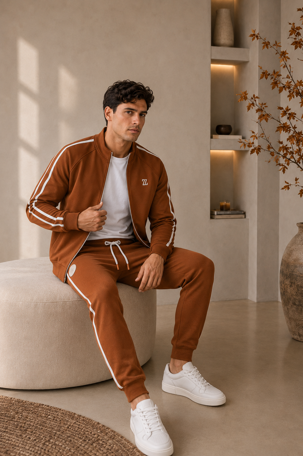 Men's chestnut brown knitted tracksuit set