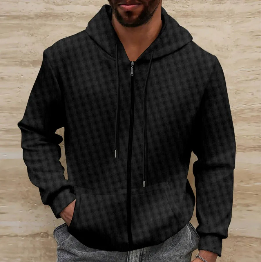 Men's zip-up hoodie with adjustable hood detail — upper body close-up