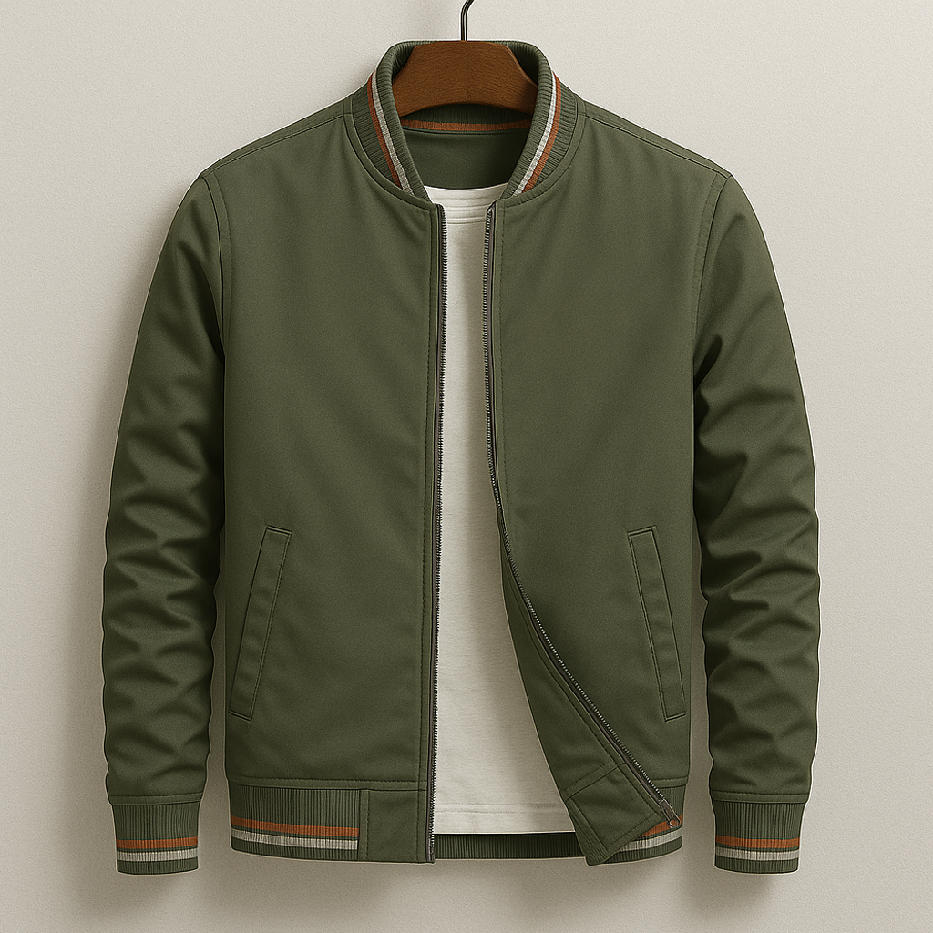Men's everyday bomber jacket with contrast stripe ribbed collar and zip closure