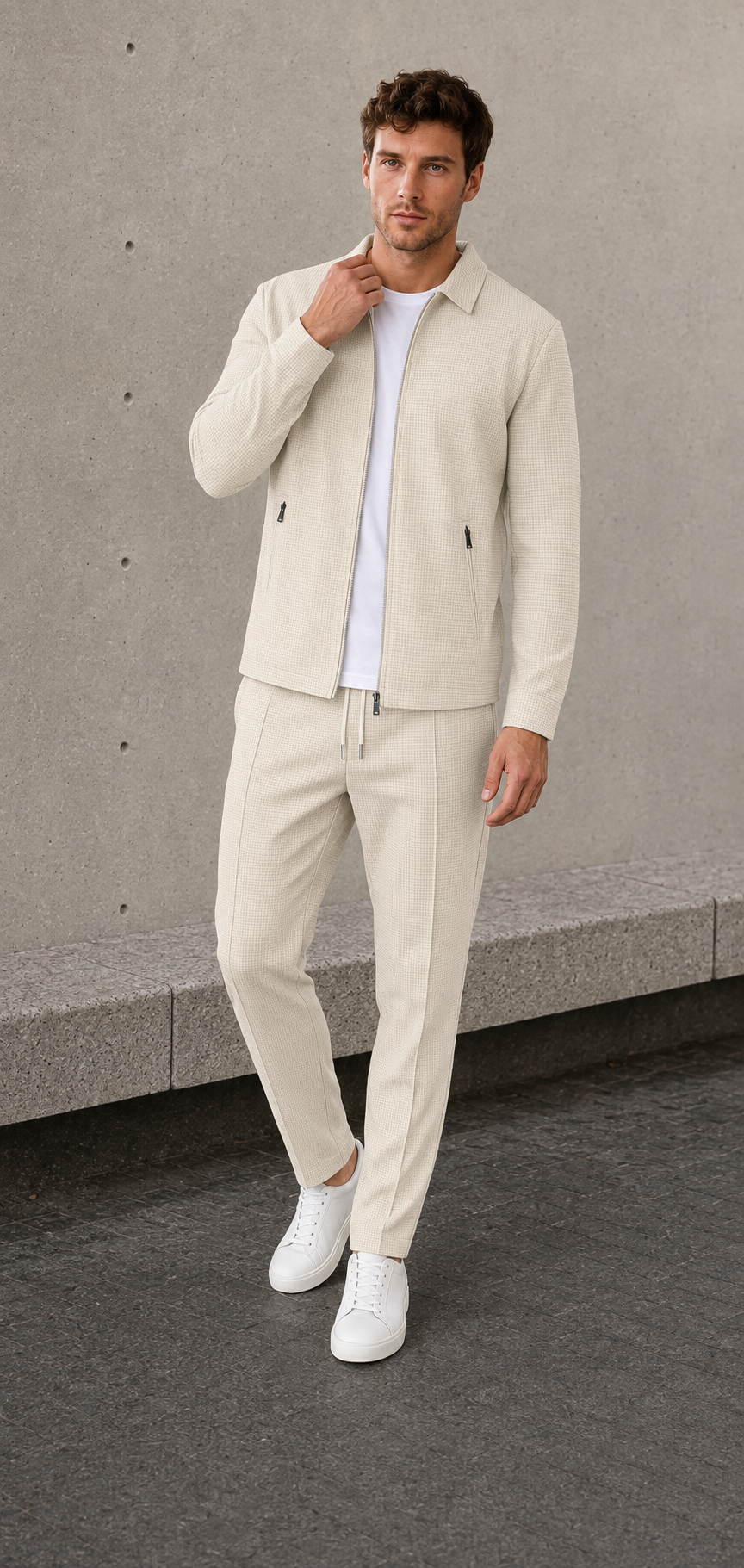 Men's beige two-piece jacket and trousers set with zip front