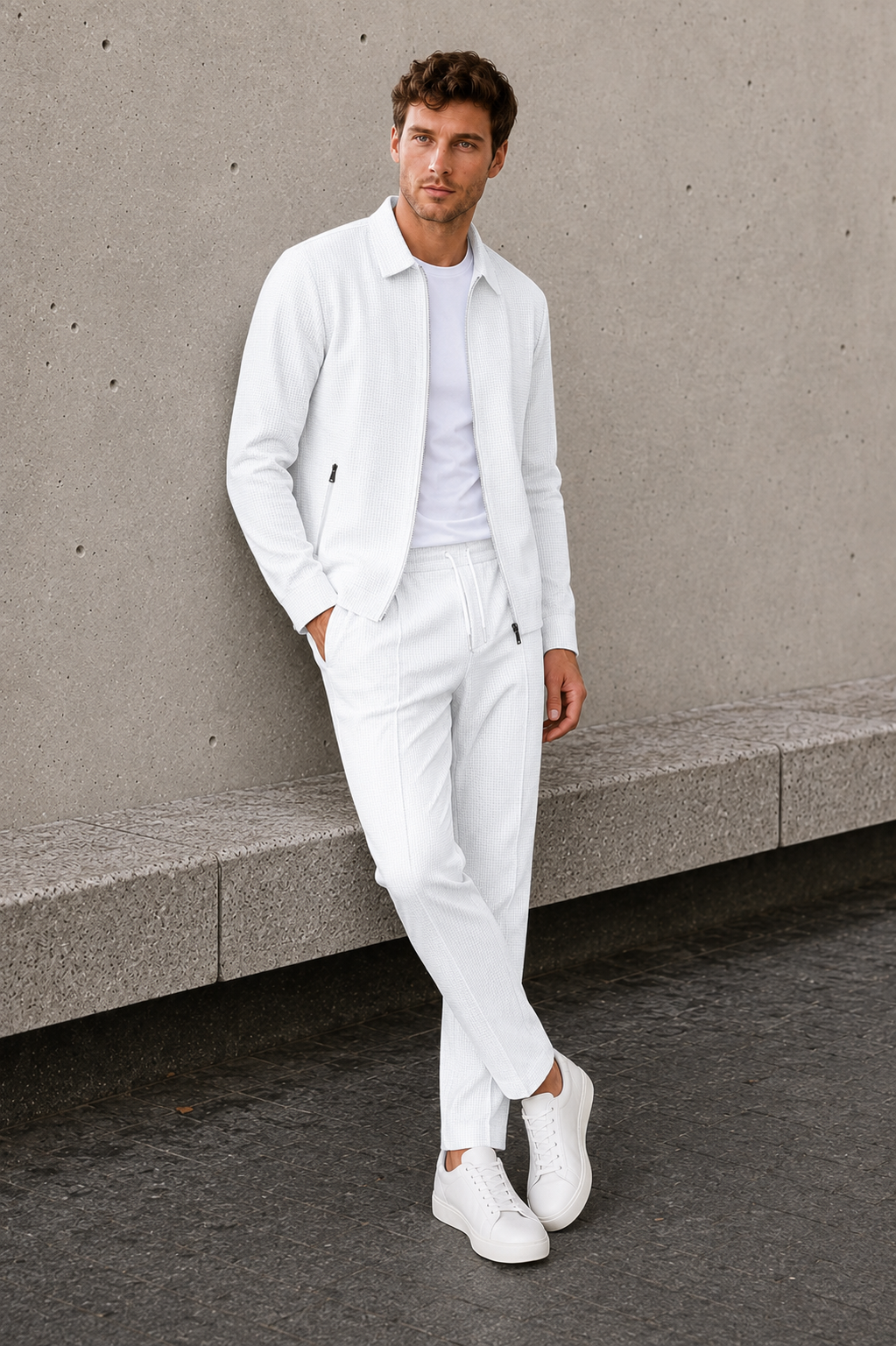 Men's beige two-piece jacket and trousers set with zip front