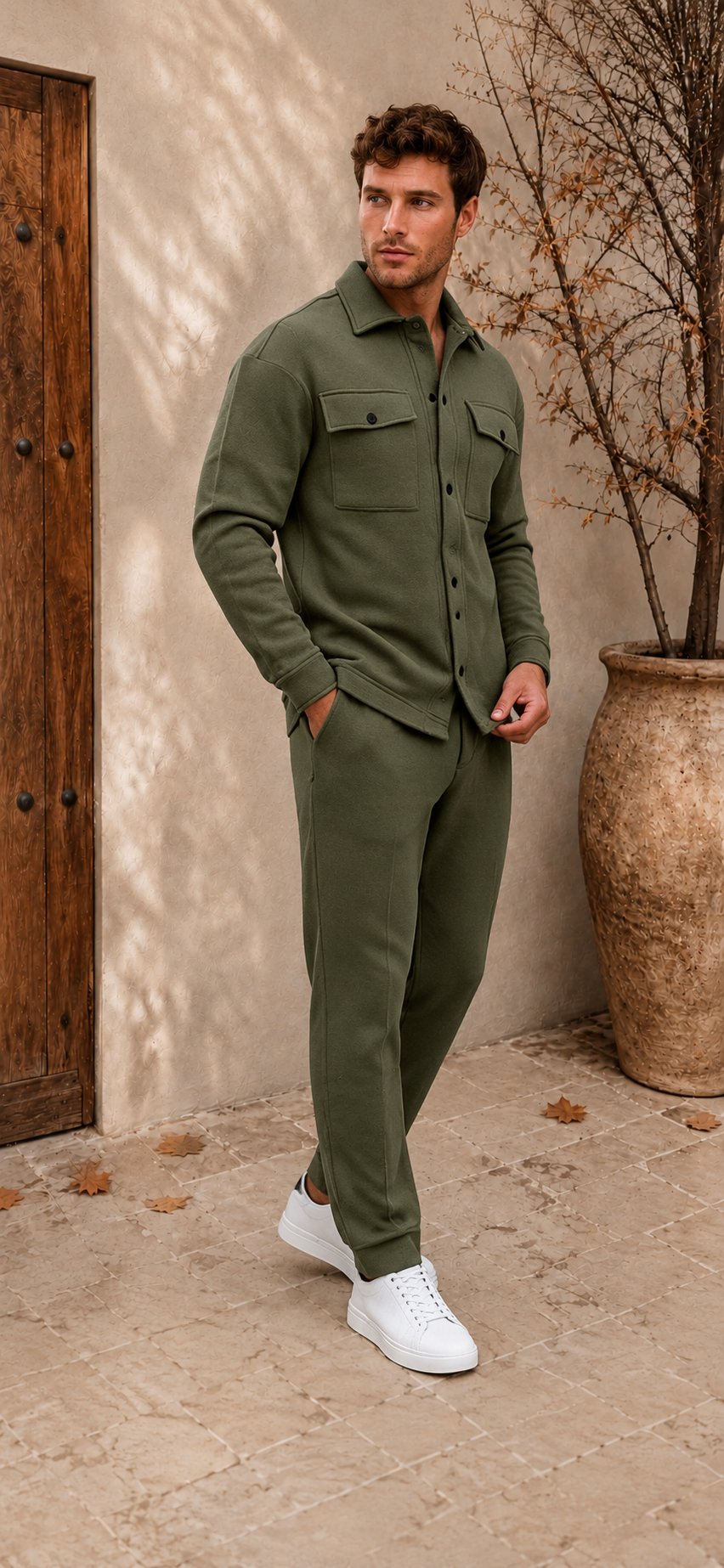 Men's army green woven two-piece set front view