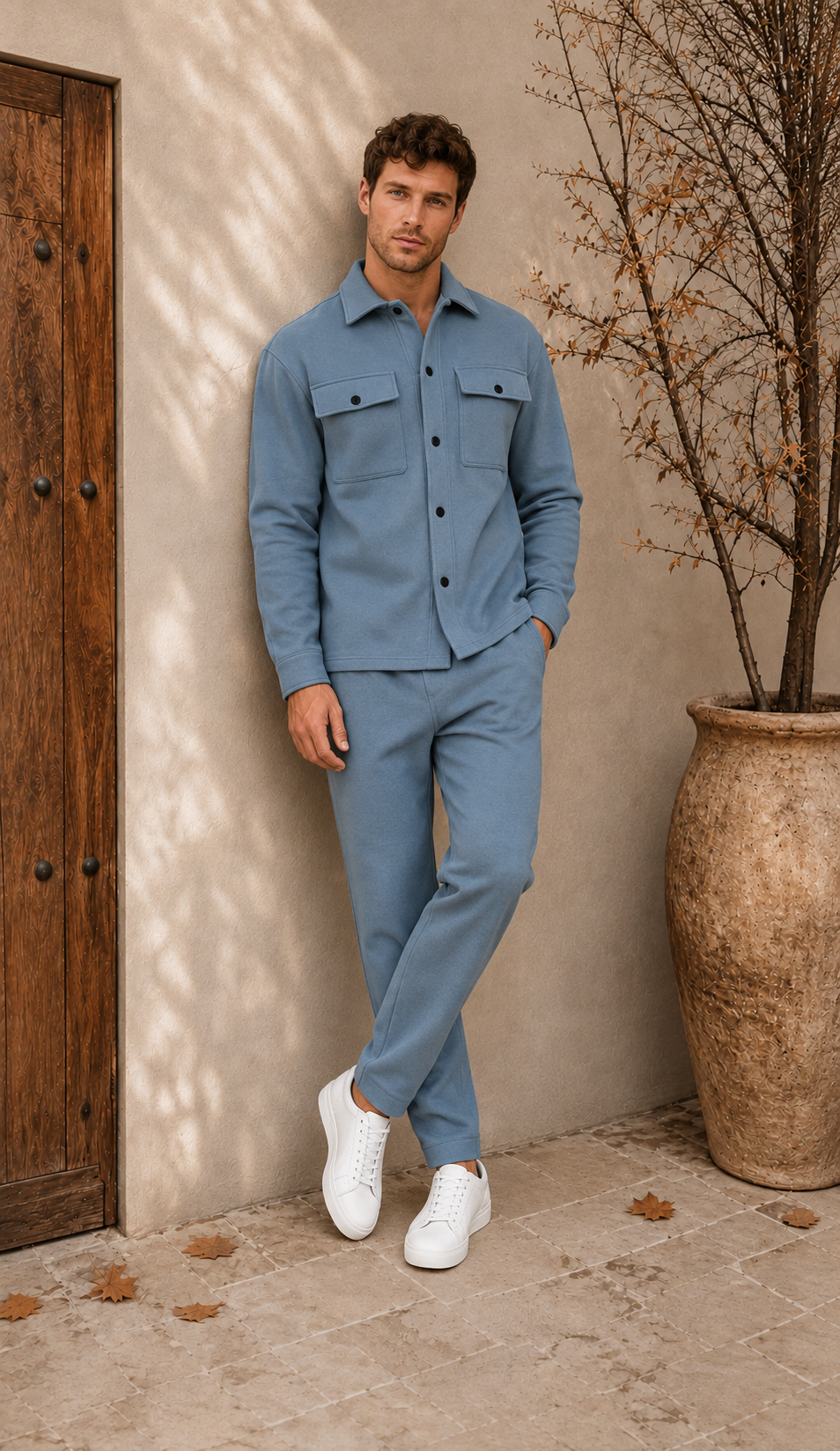 Men's royal blue woven two-piece set front view