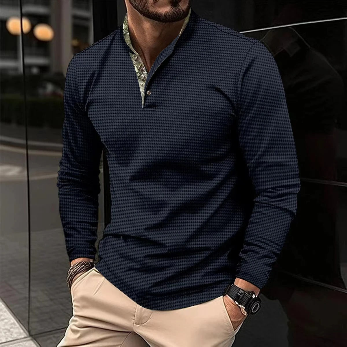 Men's Henley shirt close-up of contrasting inner placket and collar