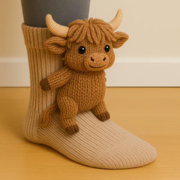 Close-up of 3D animal motif detail on women's cotton socks