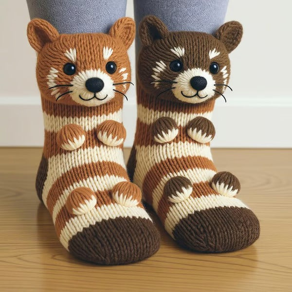 Women's cotton socks with 3D animal motif laid flat showing the toe and heel construction